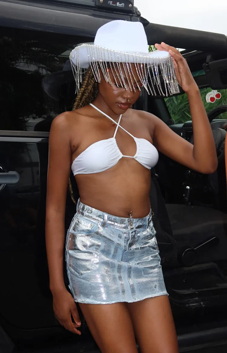 Groove Metallic Silver Denim Mini Skirt