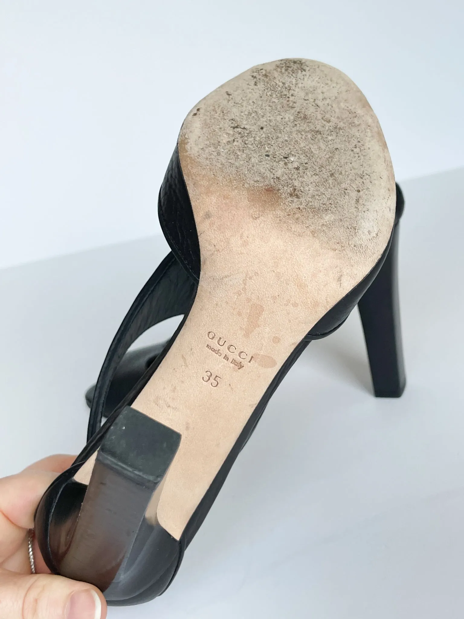 GUCCI Black Genuine Leather Logo Peeptoe 4" Heels - Size 35