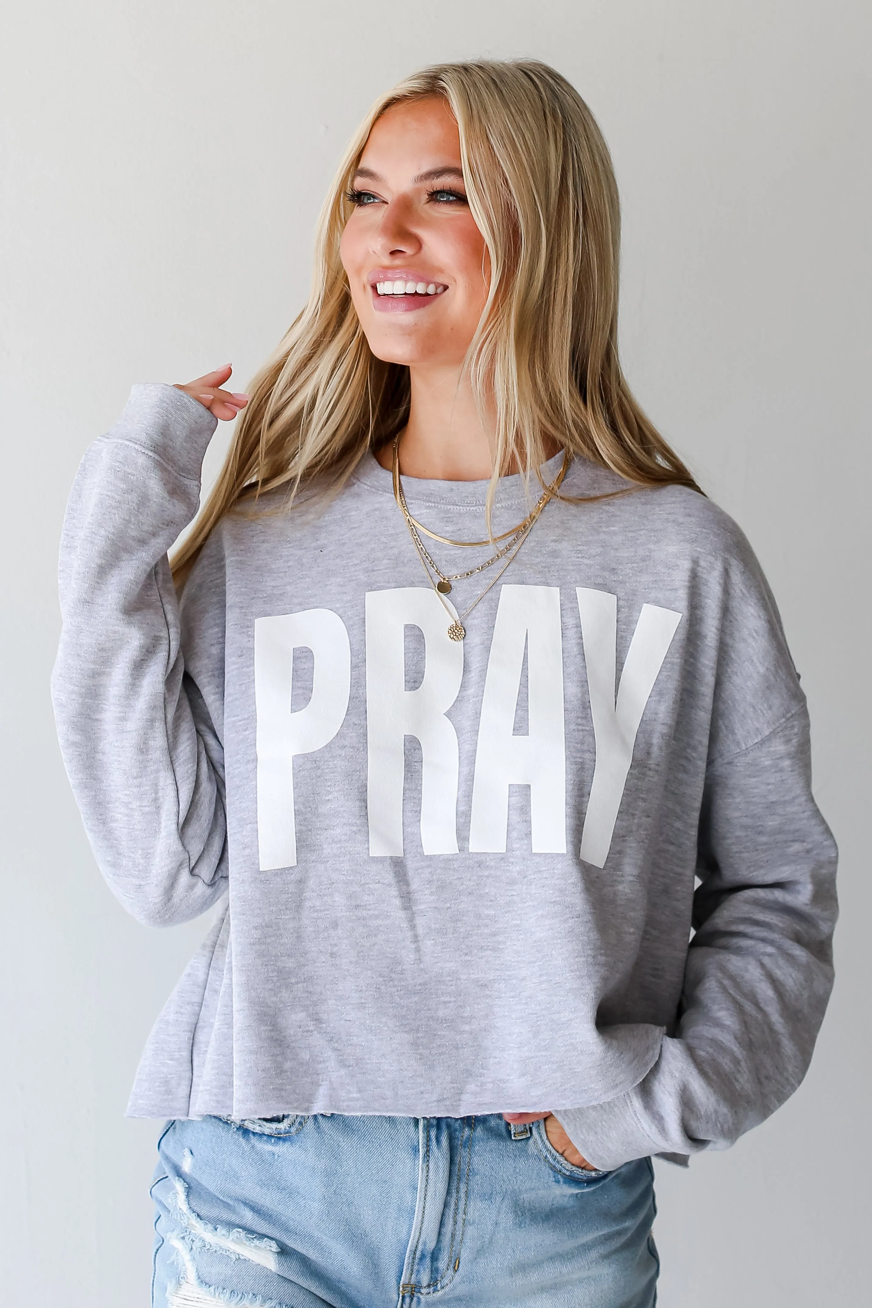 Heather Grey Pray Cropped Sweatshirt