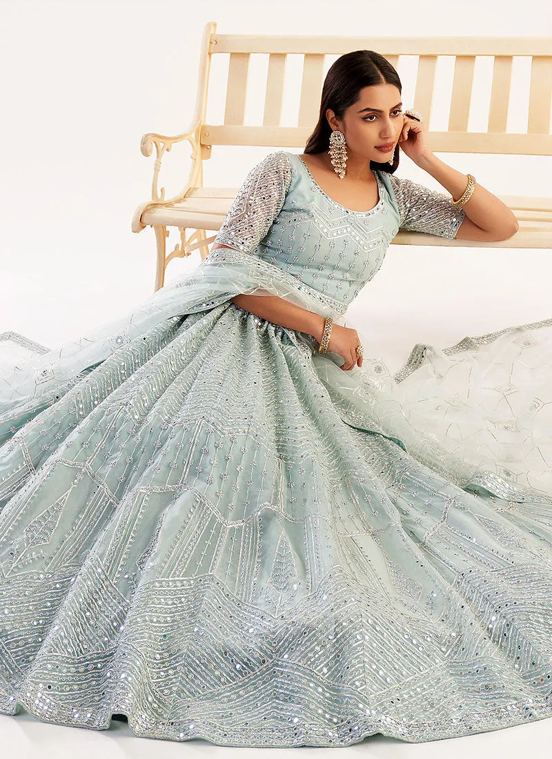 Ice Blue Mirror Embroidered Soft Net Wedding Lehenga Choli