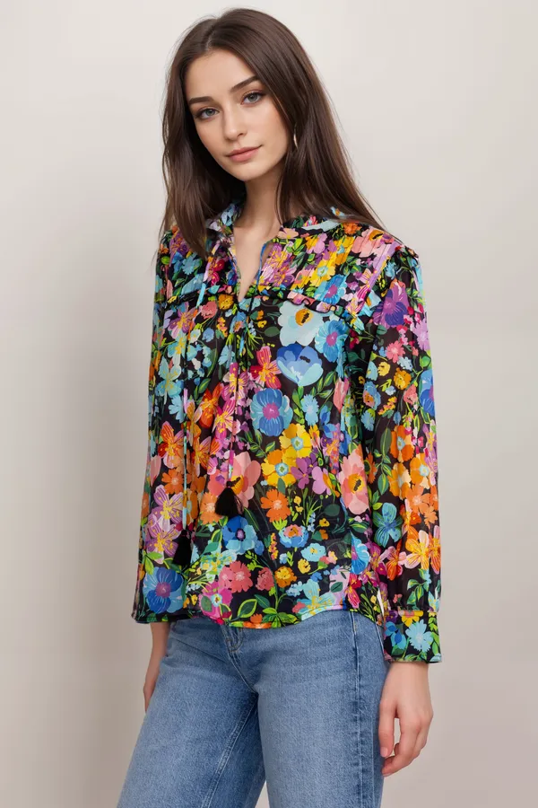 Johnny Was Wild Blooms Floral Ruffled Yoke Blouse R19624