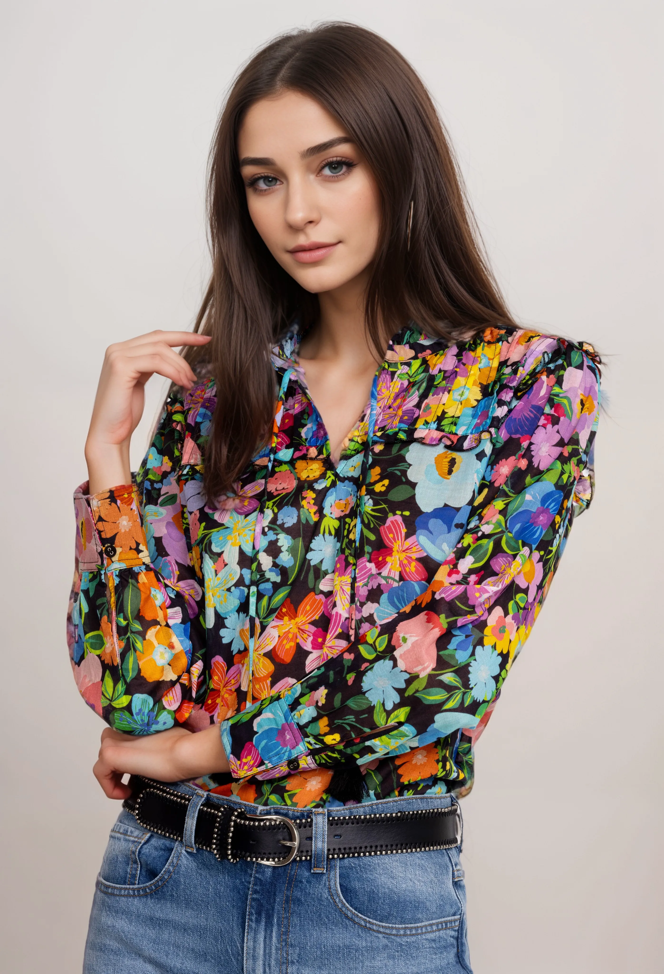 Johnny Was Wild Blooms Floral Ruffled Yoke Blouse R19624