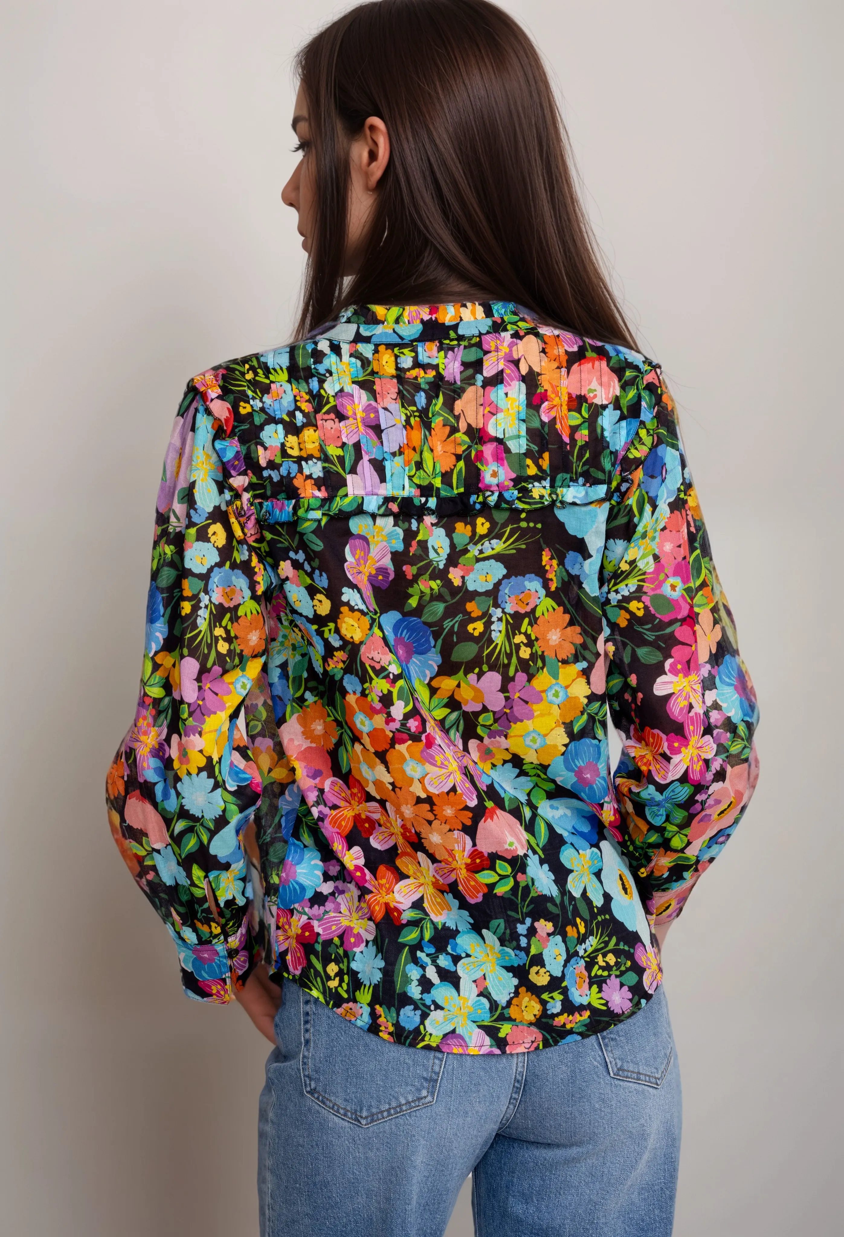 Johnny Was Wild Blooms Floral Ruffled Yoke Blouse R19624