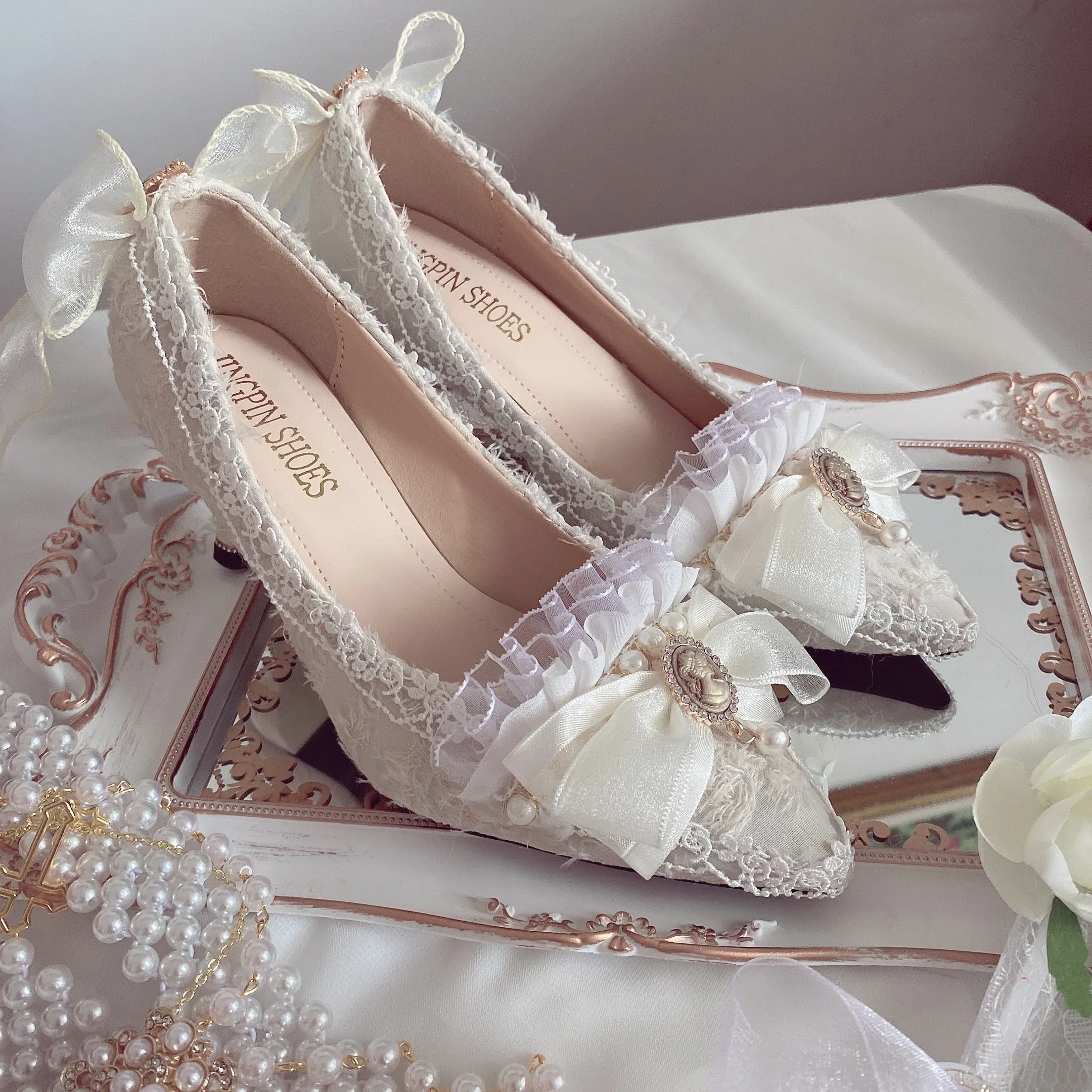 Ladies High Heels 6cm Court Cute Bow Lace Princess Lolita Shoes Party Pearl Women Pumps White Stiletto Pointed Head Lolita Shoes