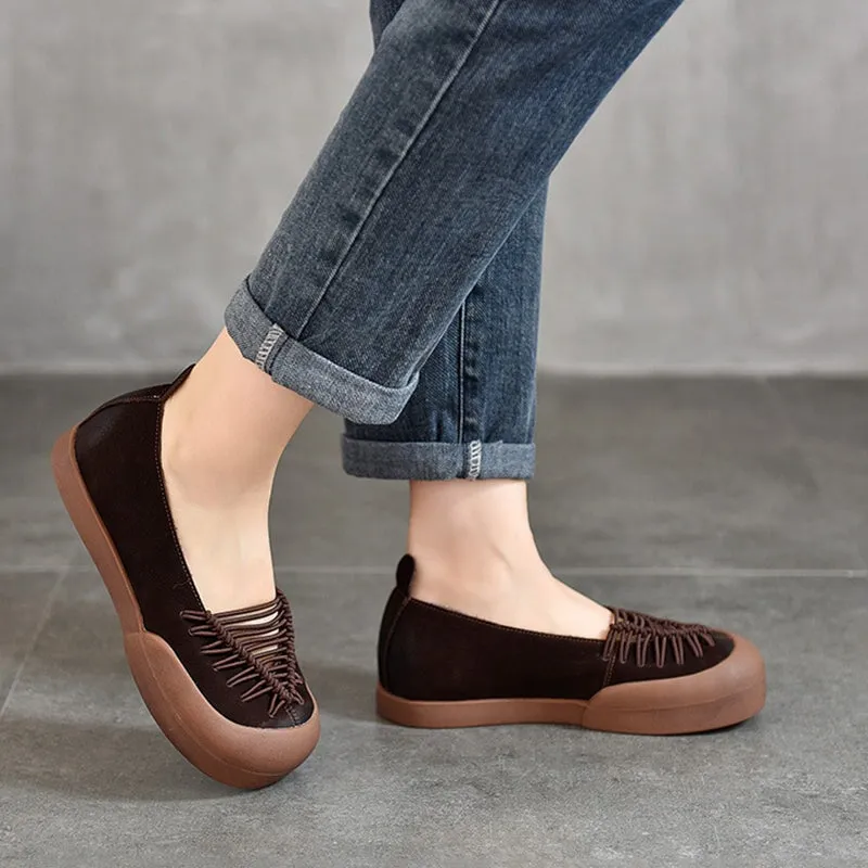 Leather Flats Rubber Toe with Woven Strap Detail in Red/Coffee