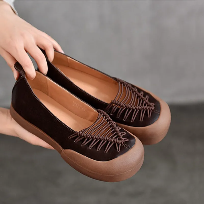 Leather Flats Rubber Toe with Woven Strap Detail in Red/Coffee