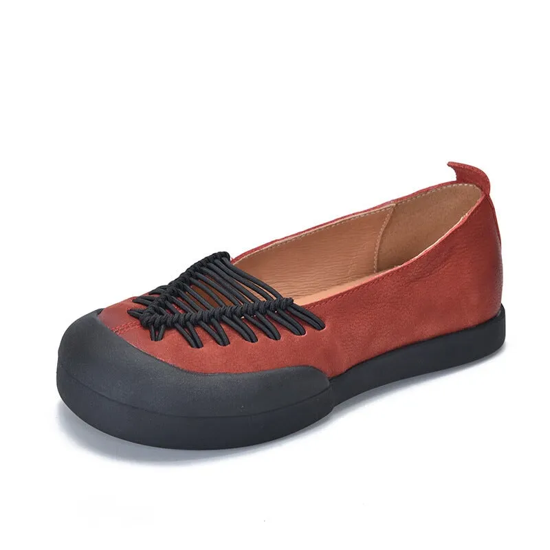 Leather Flats Rubber Toe with Woven Strap Detail in Red/Coffee