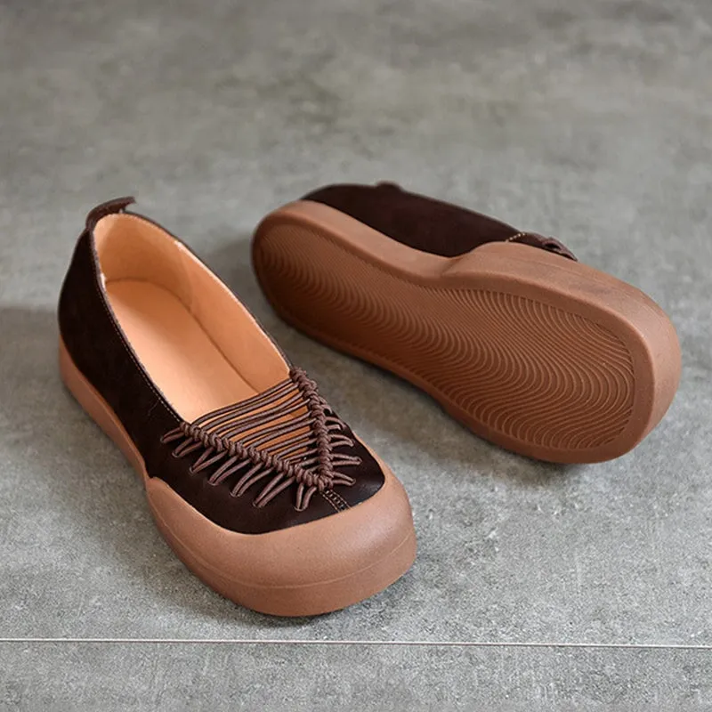 Leather Flats Rubber Toe with Woven Strap Detail in Red/Coffee