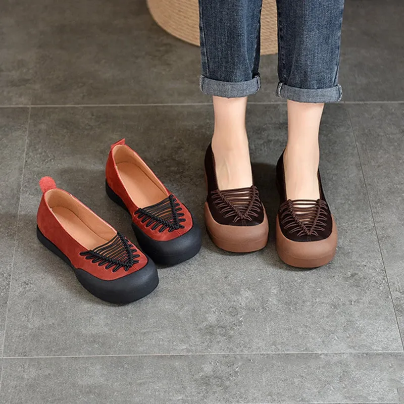 Leather Flats Rubber Toe with Woven Strap Detail in Red/Coffee