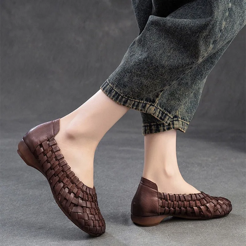 Leather Woven Flats Round Toe with Block Heel in Apricot/Coffee