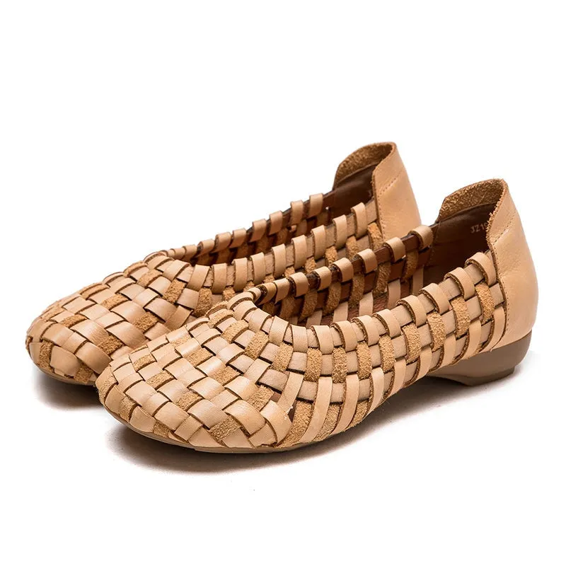 Leather Woven Flats Round Toe with Block Heel in Apricot/Coffee