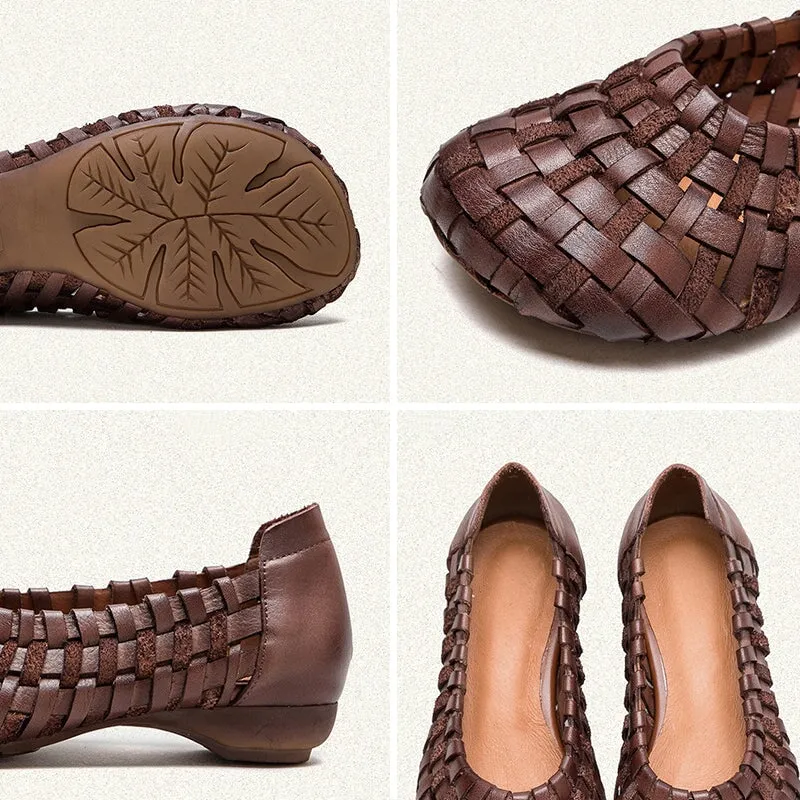 Leather Woven Flats Round Toe with Block Heel in Apricot/Coffee