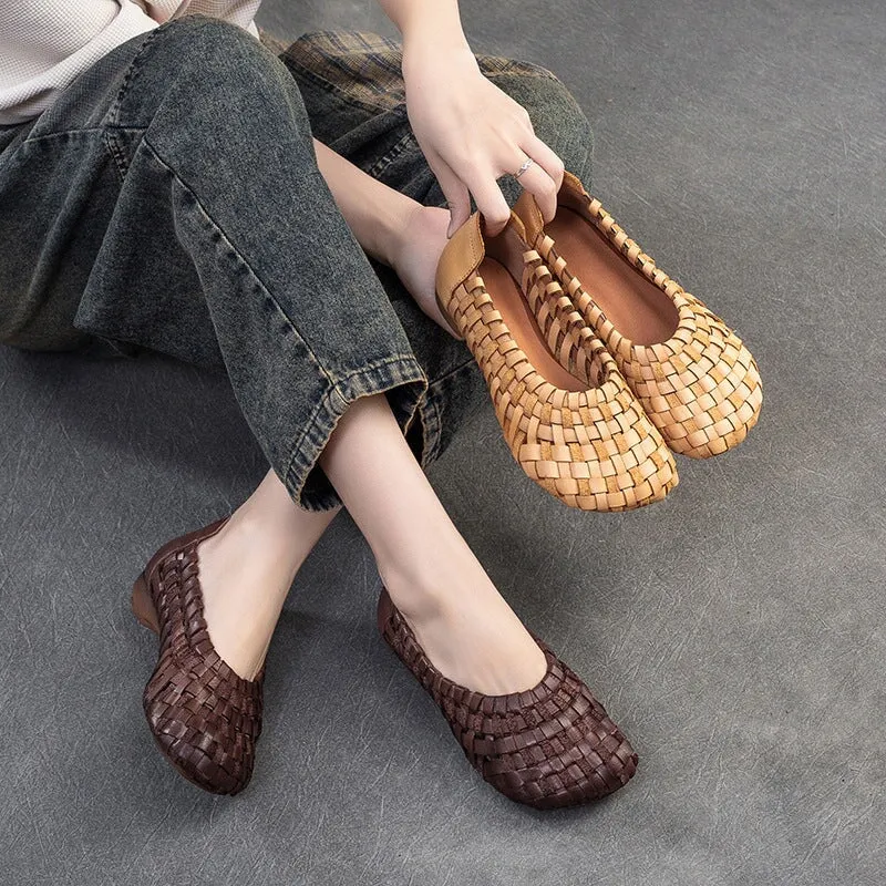 Leather Woven Flats Round Toe with Block Heel in Apricot/Coffee