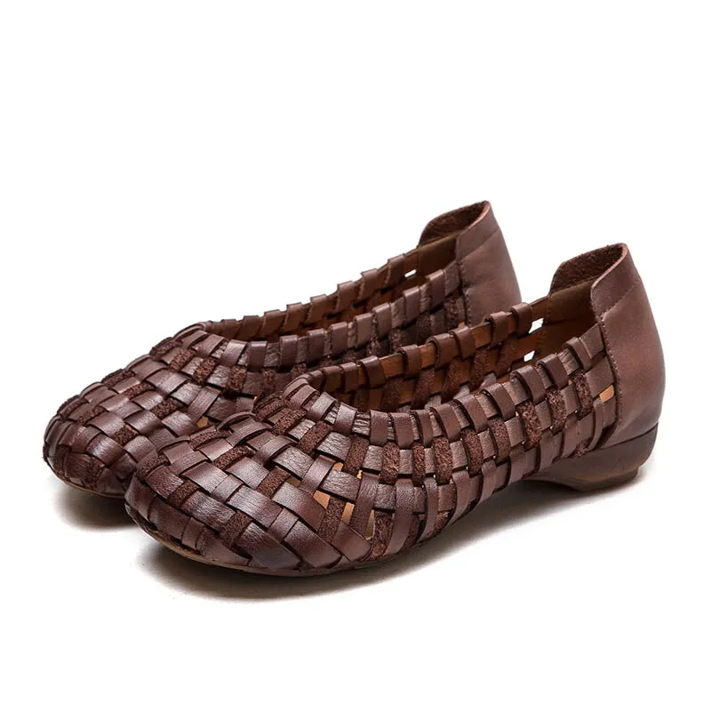 Leather Woven Flats Round Toe with Block Heel in Apricot/Coffee