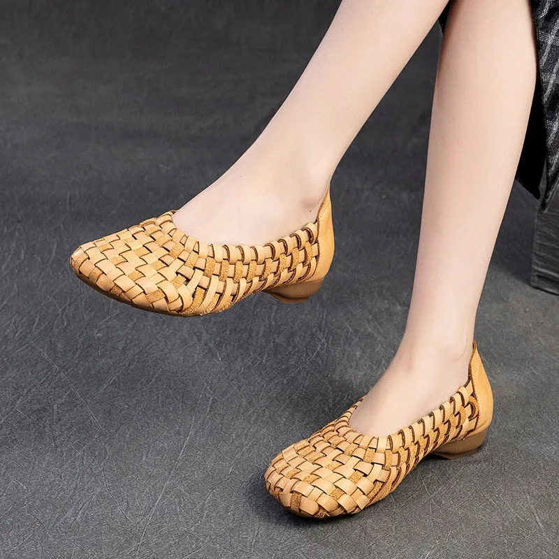 Leather Woven Flats Round Toe with Block Heel in Apricot/Coffee