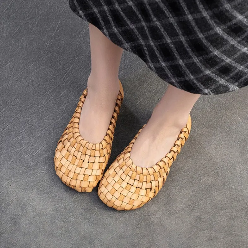 Leather Woven Flats Round Toe with Block Heel in Apricot/Coffee