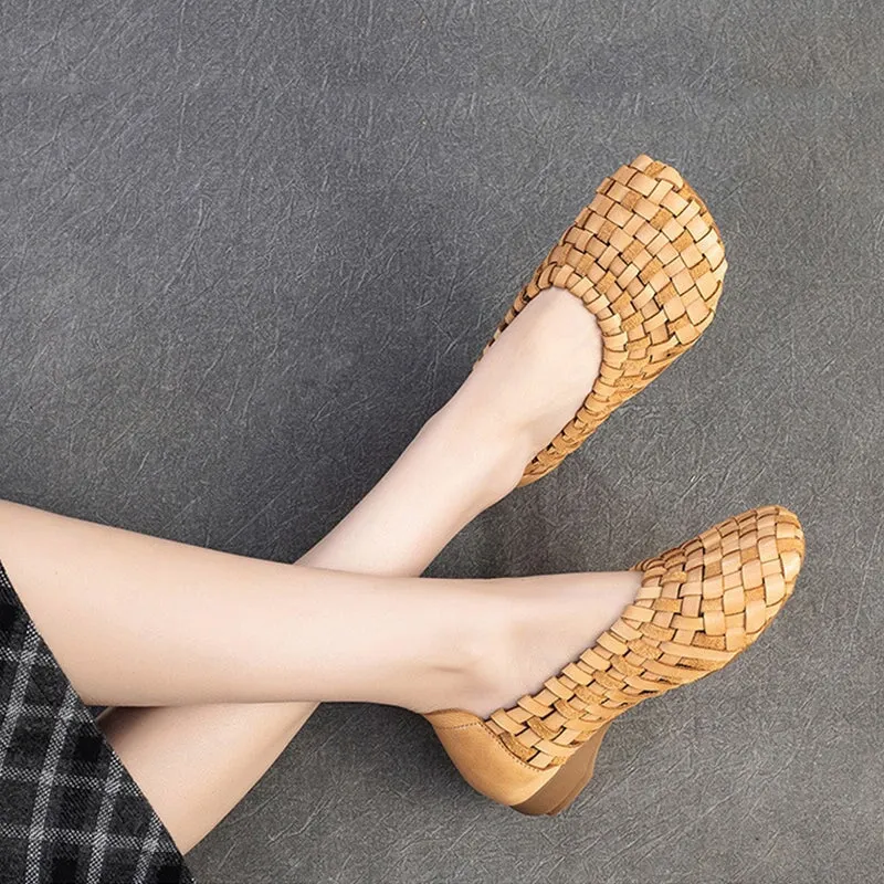 Leather Woven Flats Round Toe with Block Heel in Apricot/Coffee