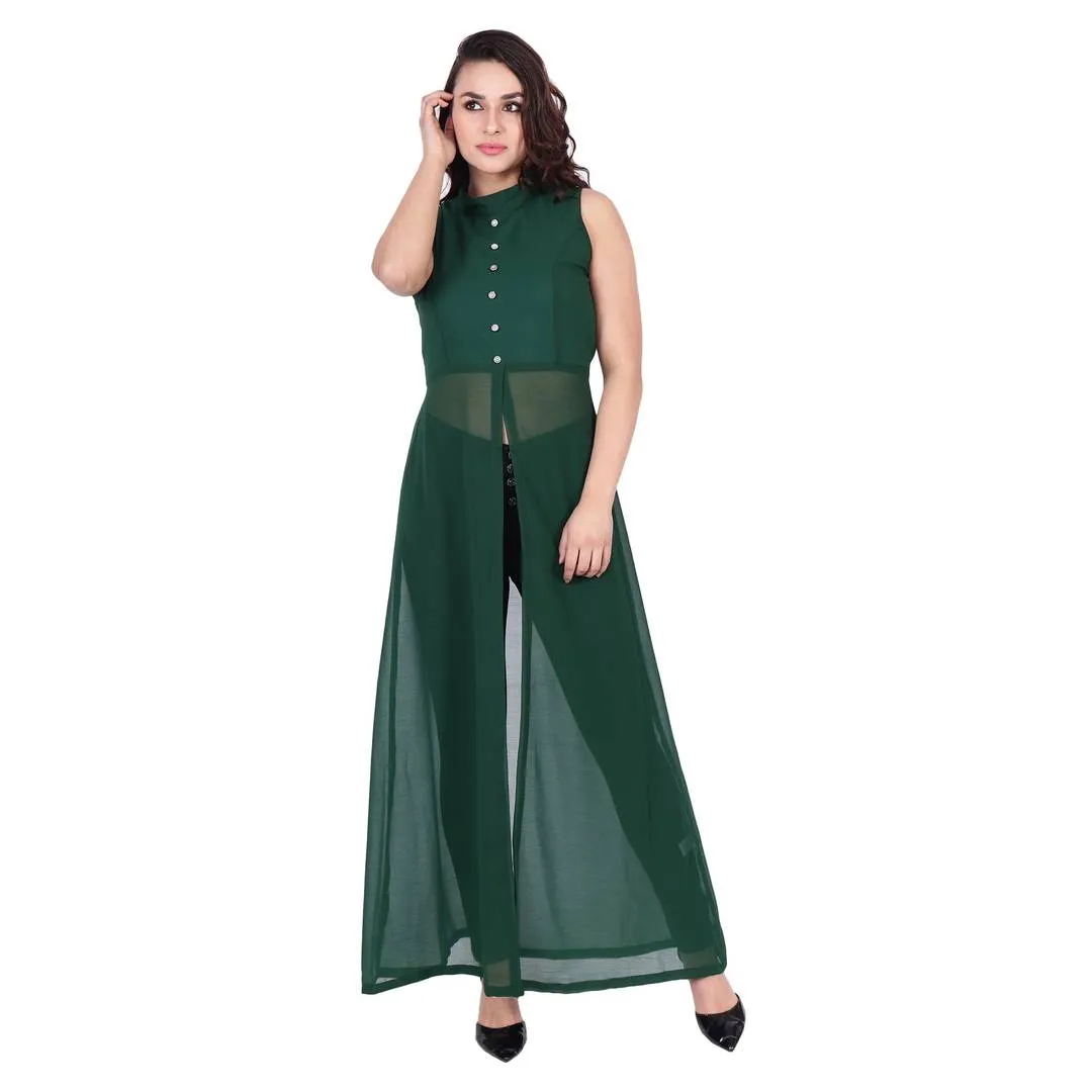 Mandarin Collar Green Color Sleeveless Full Length Maxi Dress