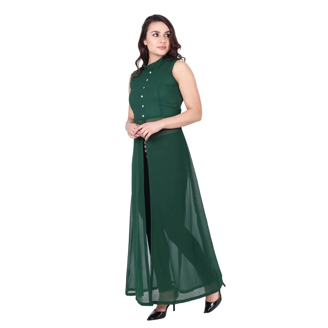 Mandarin Collar Green Color Sleeveless Full Length Maxi Dress