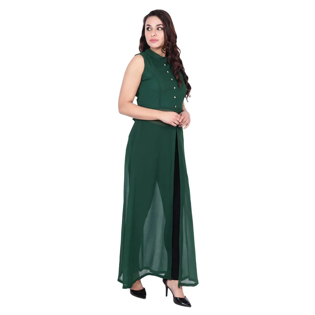 Mandarin Collar Green Color Sleeveless Full Length Maxi Dress