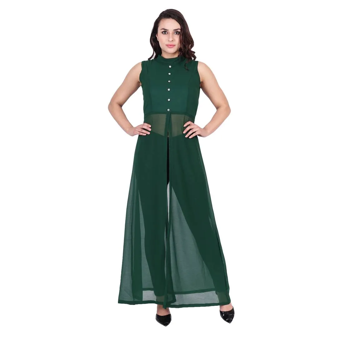 Mandarin Collar Green Color Sleeveless Full Length Maxi Dress