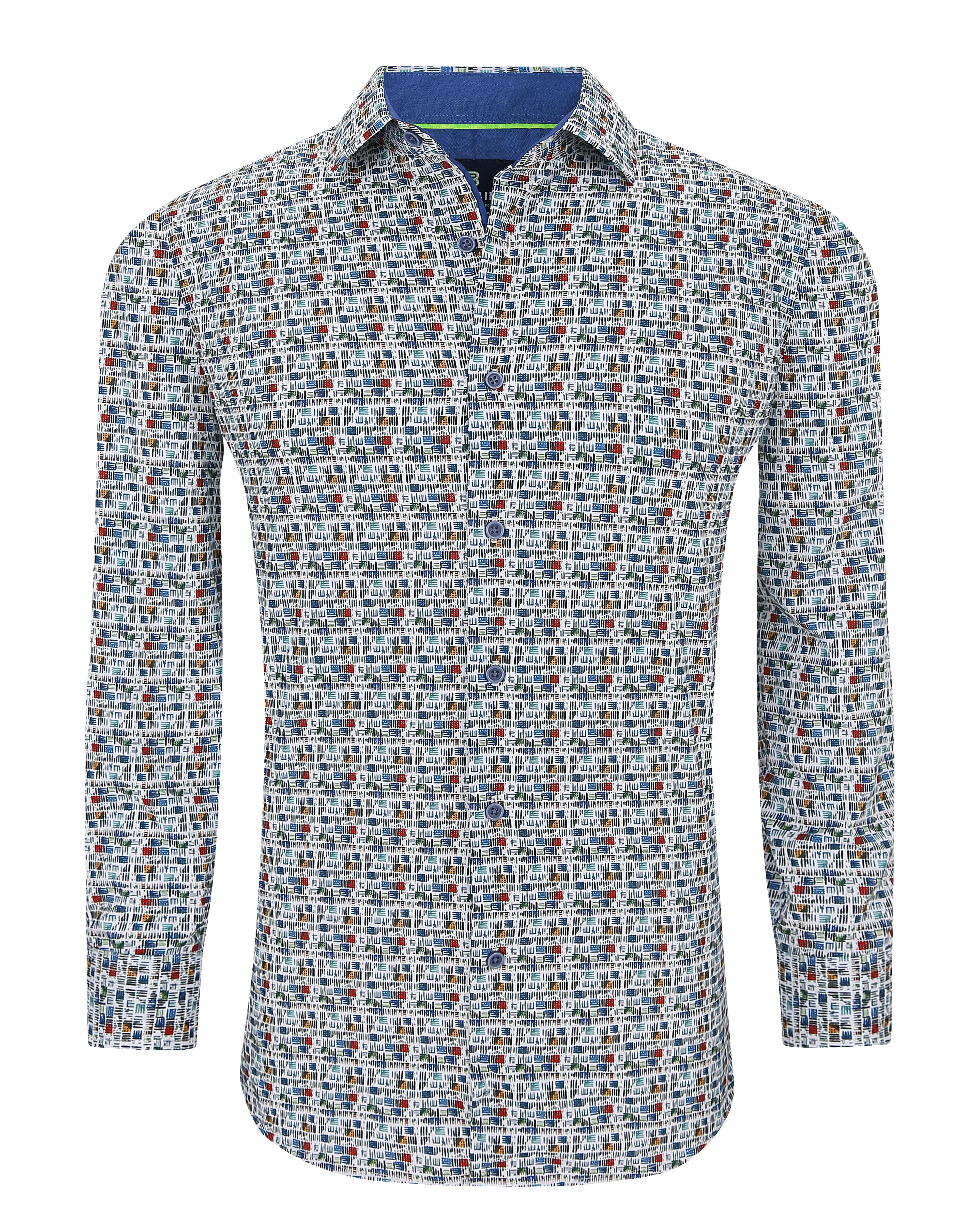 Men's Slim Fit Performance Long Sleeve Printed Shirt White Multi