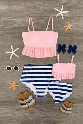 Mom & Me - Pink & Navy Striped Bikini