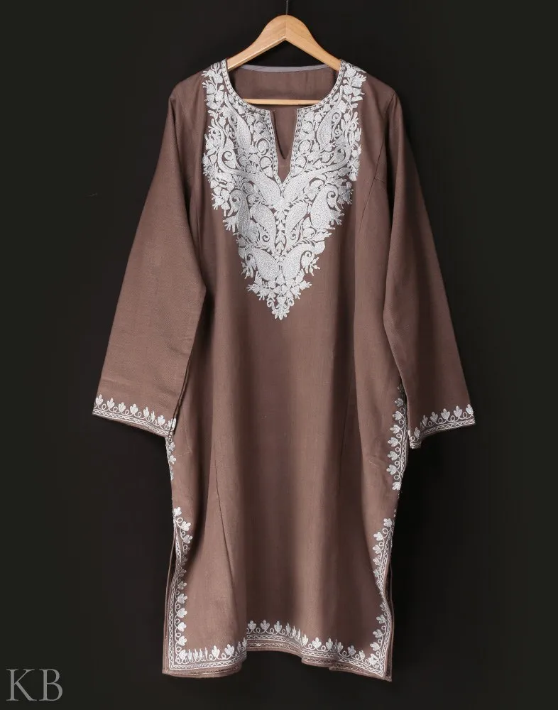 Natural Zari Embroidered Cashmilon Phiran