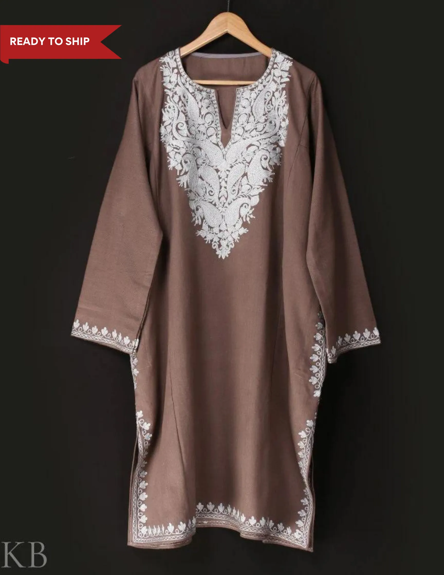 Natural Zari Embroidered Cashmilon Phiran