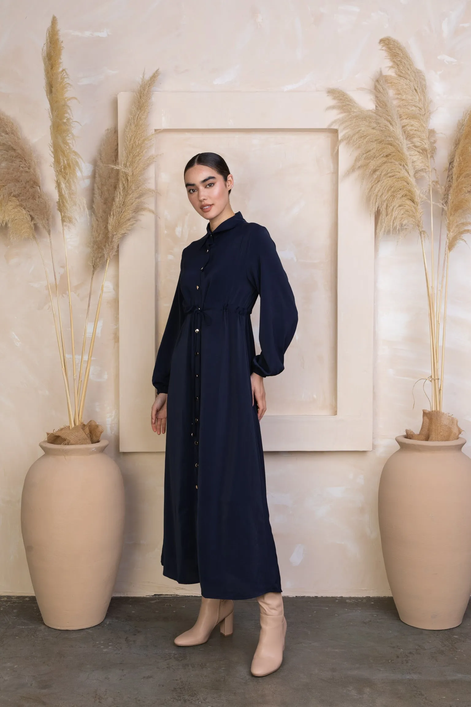 Navy Button Down Drawstring Non-Sheer Maxi Cardigan