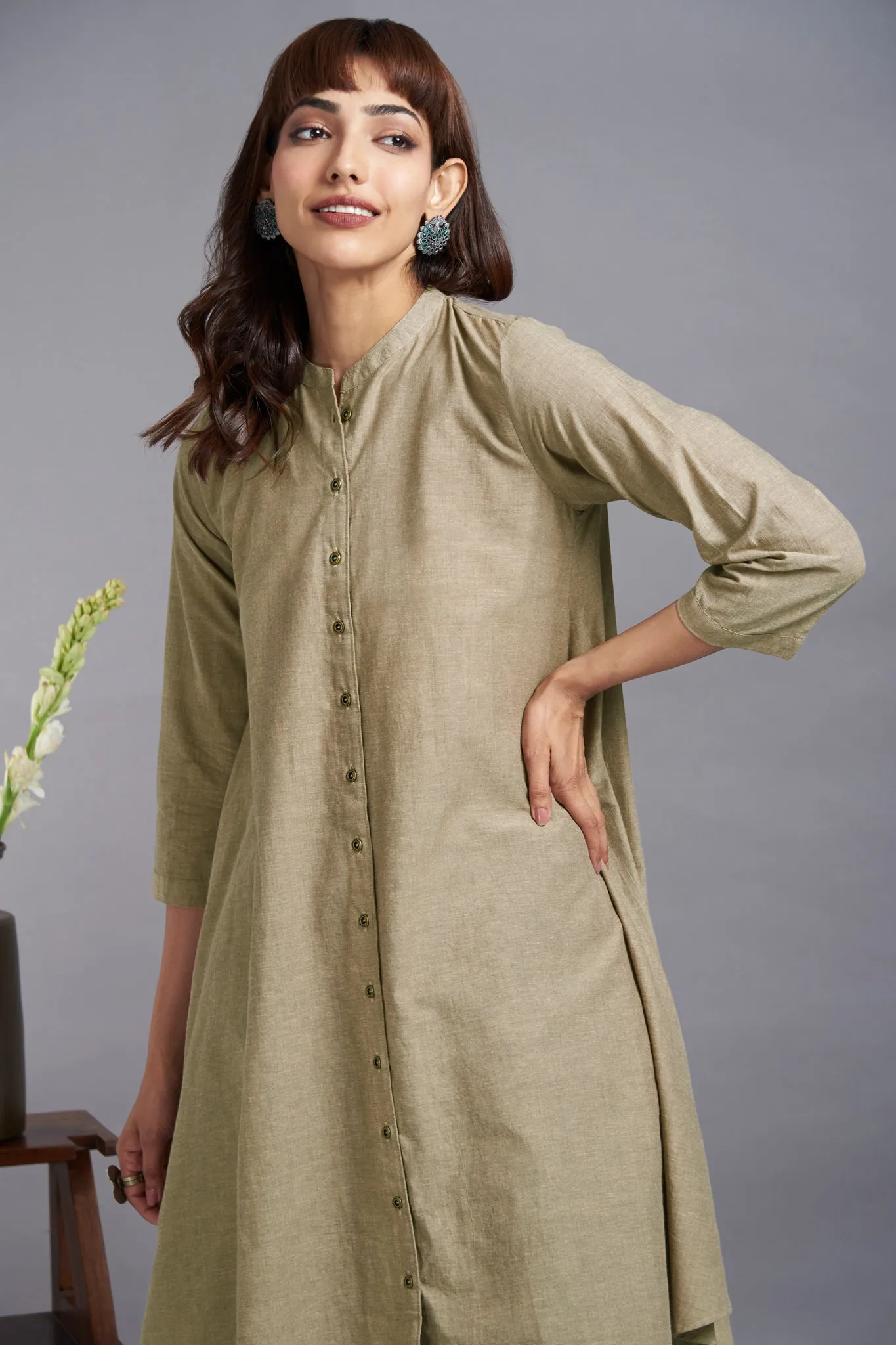 oatmeal beige - cotton asymmetrical hemline button down tunic