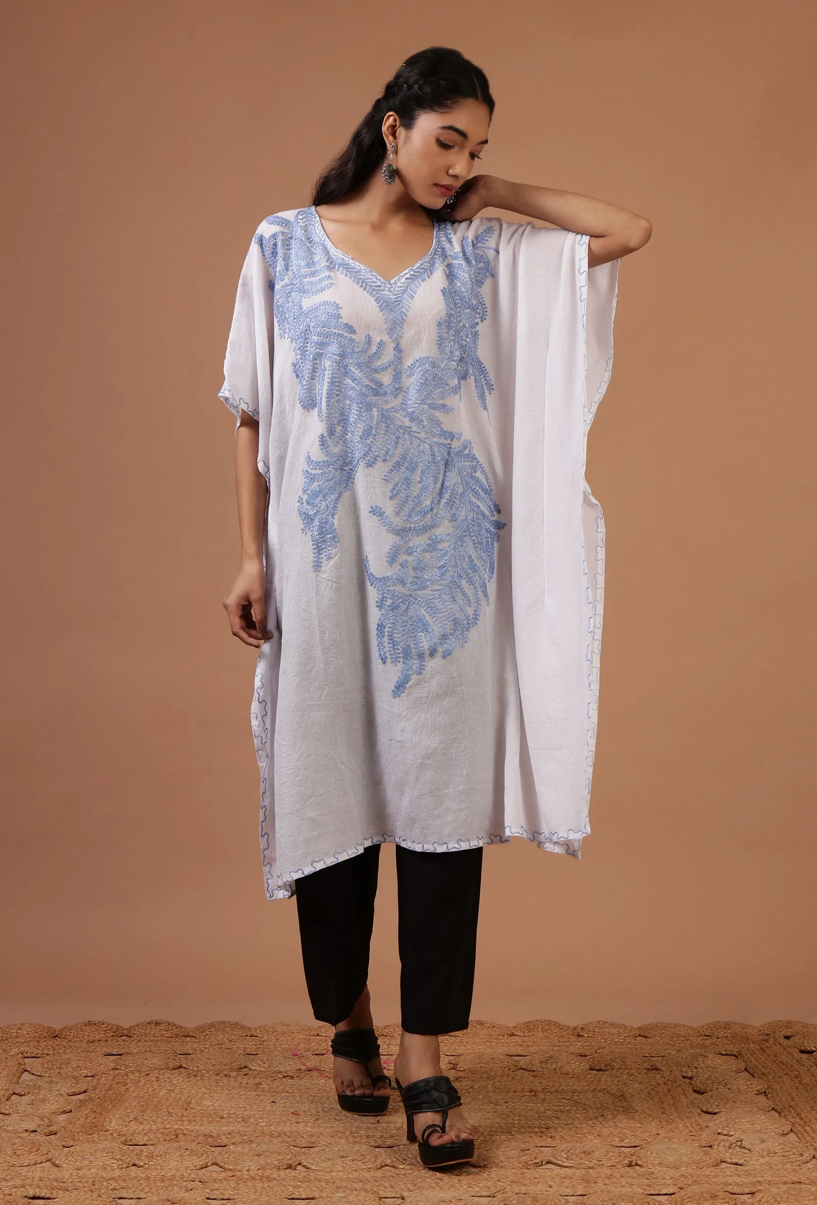 Off-White Cotton Crush Ari Embroidered Kaftan- Free Size