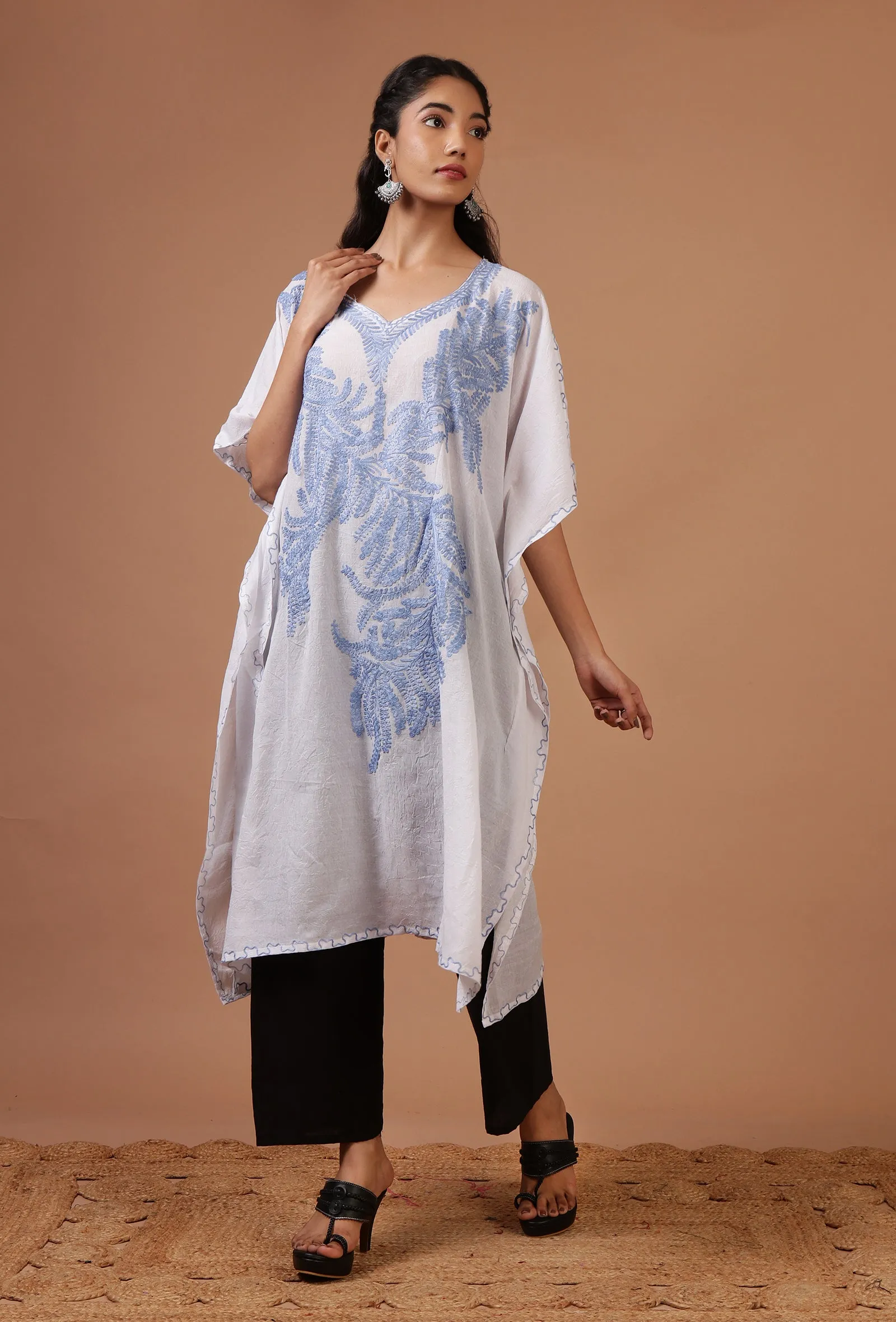 Off-White Cotton Crush Ari Embroidered Kaftan- Free Size