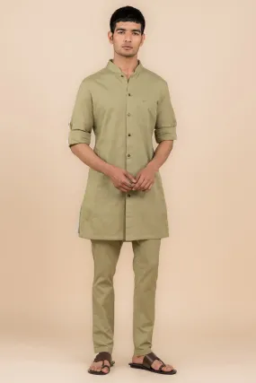 Olive Shirt Style Kurta Set With Pocket Detailing