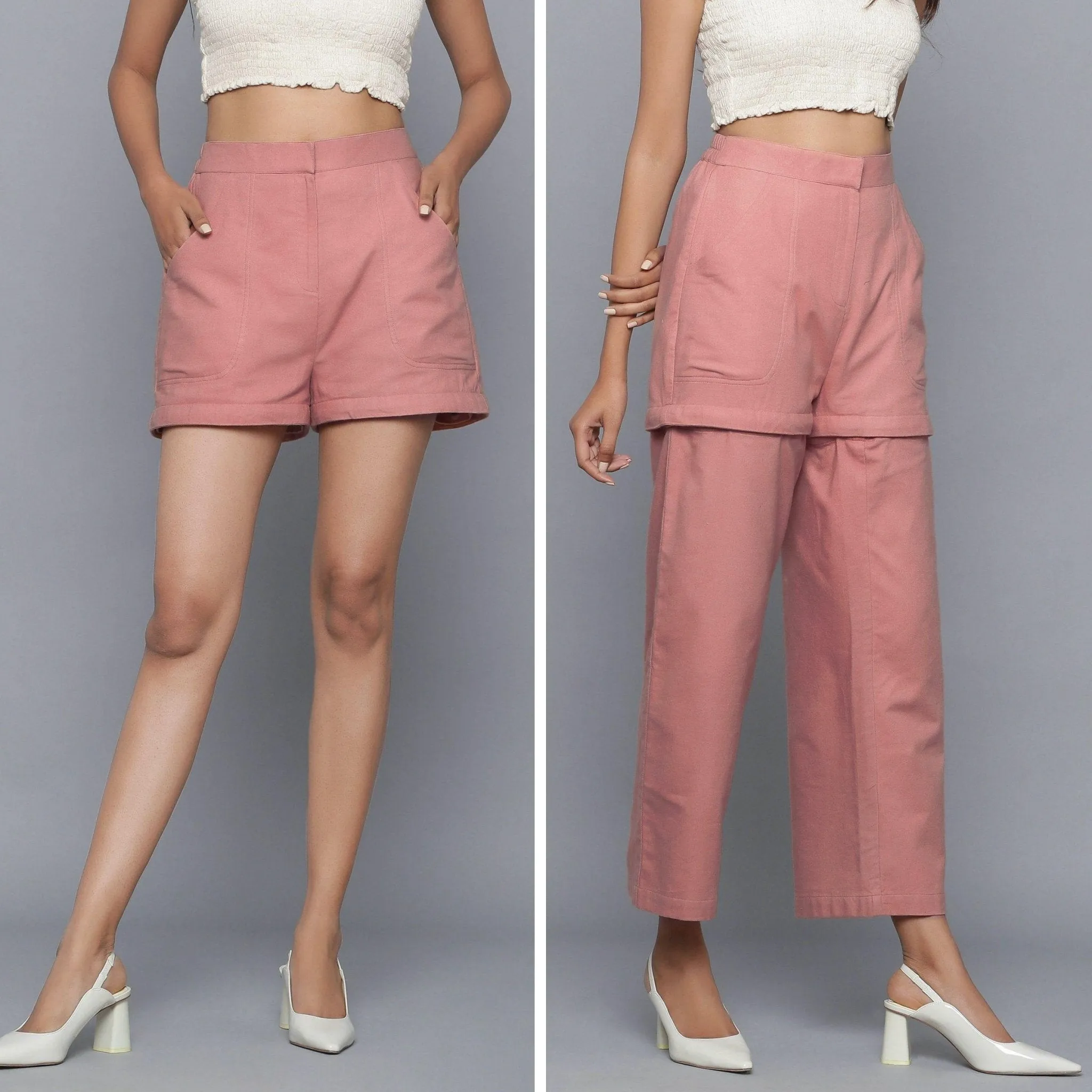 Pink Warm Cotton Flannel Convertible Ankle Length Pant Shorts