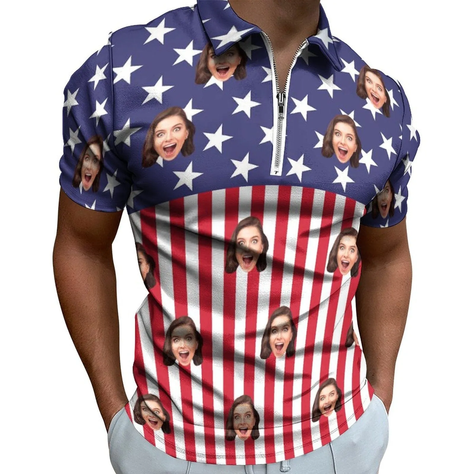 #Plus-Size Custom Face US Flag Men's Short Sleeve Polo Shirt Personalized Zipper All Over Print Golf Shirt