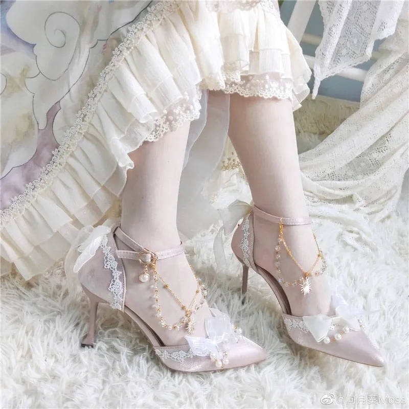 Princess Female Kawaii Tea Party Japanese Cute Anime Lolita Shoes Women Harujuku Cosplay Bow Pointed Toe Feminine High Heel 8cm