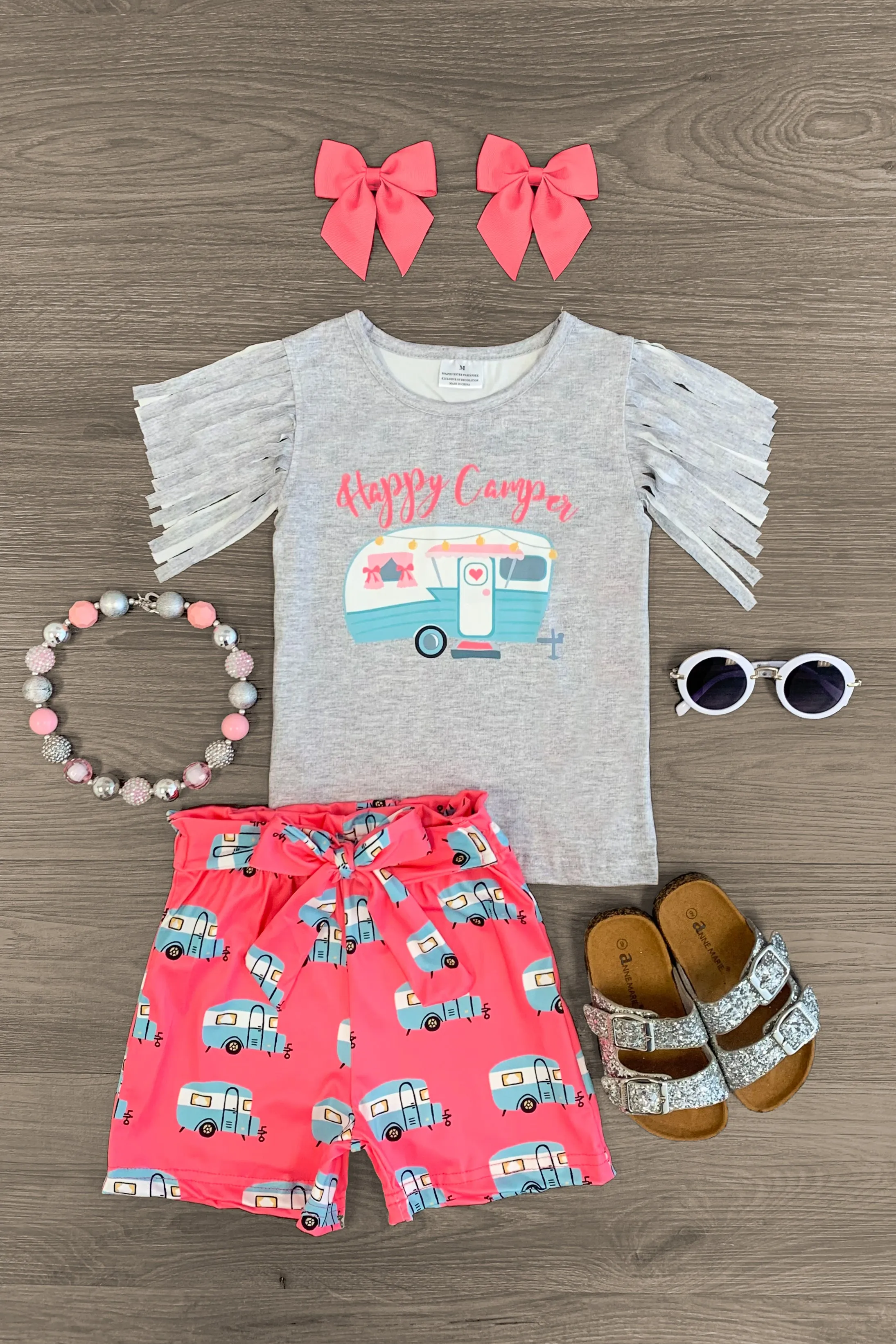 "Happy Camper" Pink Fringe Short Set