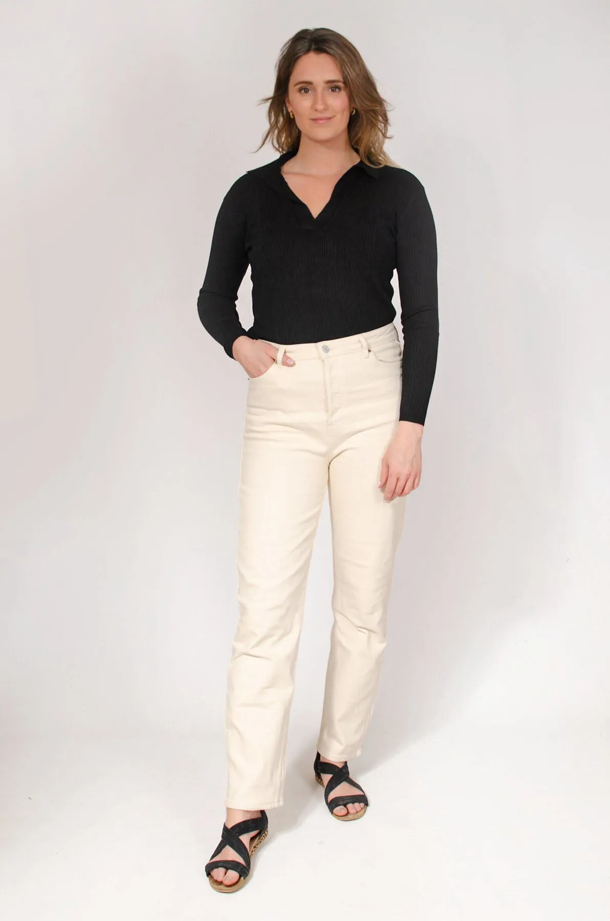 Ribbed Collared Long Sleeve Top