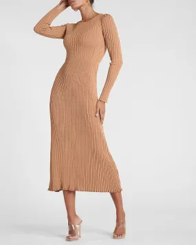 Ribbed Crew Neck Maxi Sweater Dress in Pecan