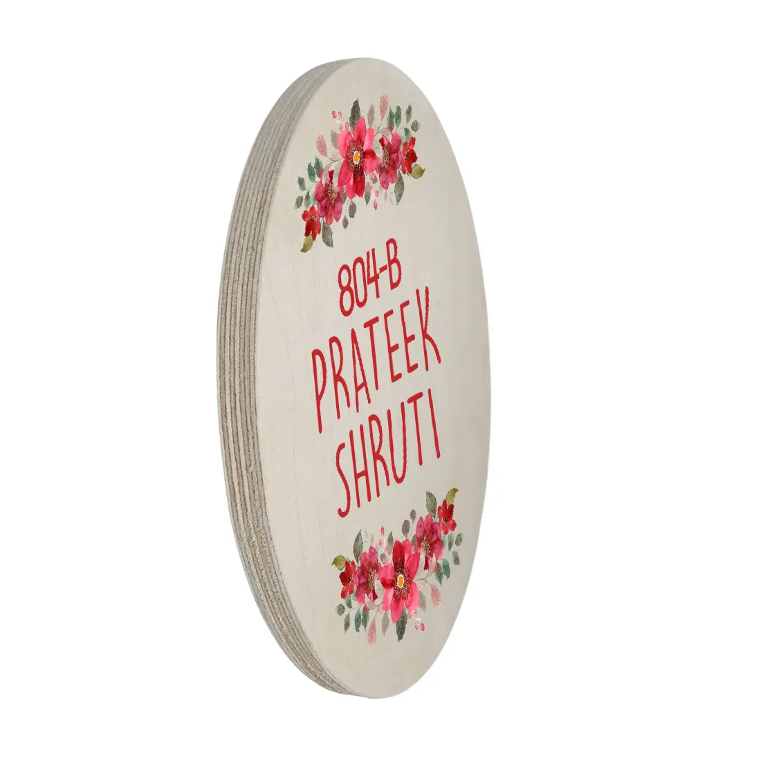 Round Name Plate Red Floral Design Nameplate for Home - Available in Wood and Acrylic