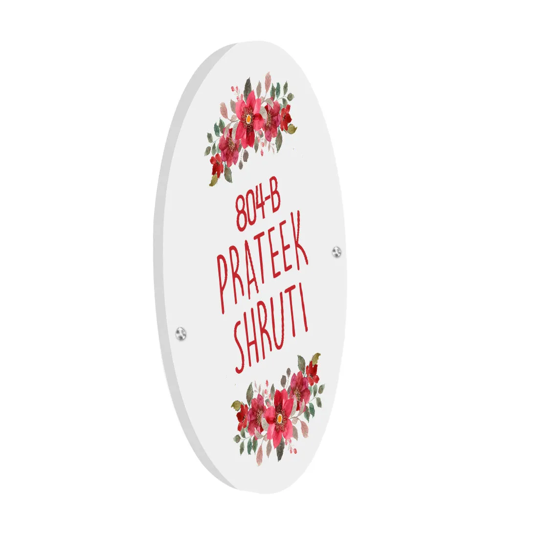 Round Name Plate Red Floral Design Nameplate for Home - Available in Wood and Acrylic