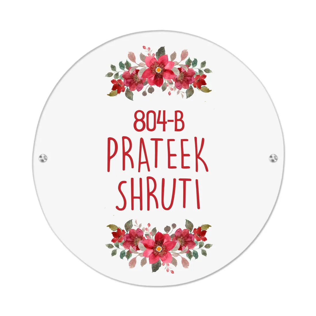 Round Name Plate Red Floral Design Nameplate for Home - Available in Wood and Acrylic