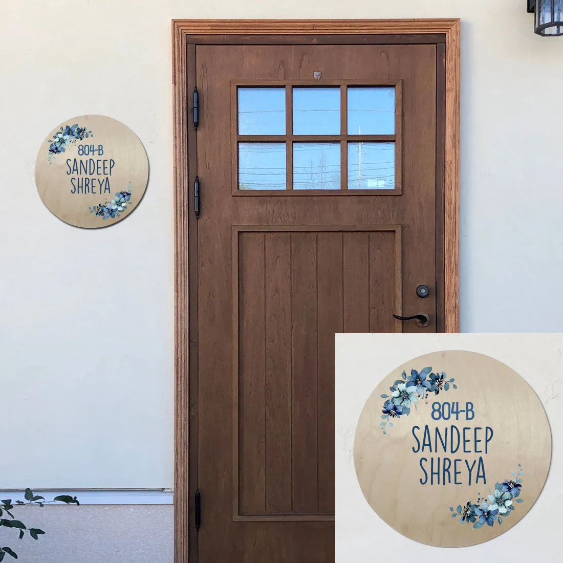 Round Name Plate Red Floral Design Nameplate for Home - Available in Wood and Acrylic