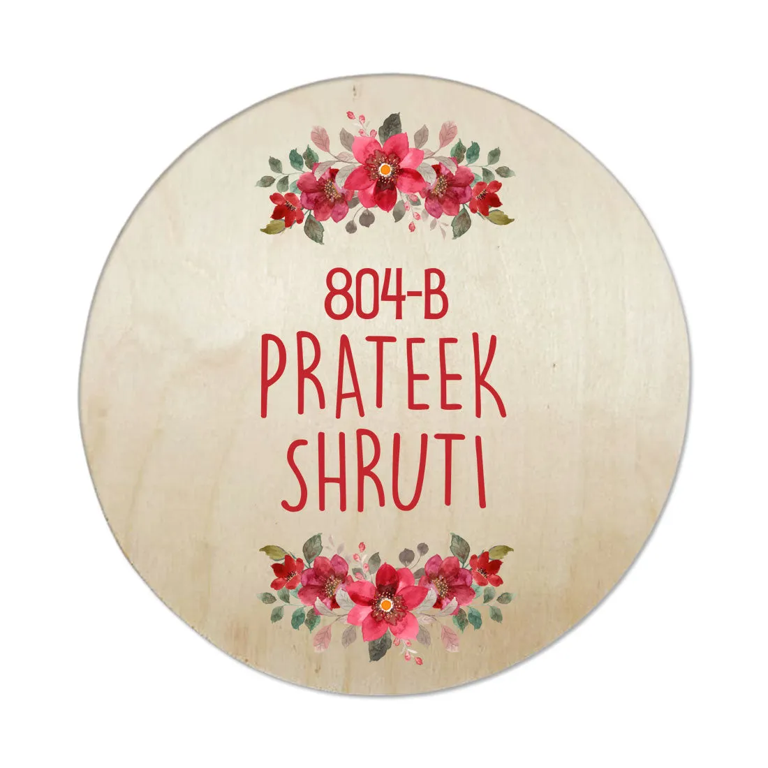 Round Name Plate Red Floral Design Nameplate for Home - Available in Wood and Acrylic