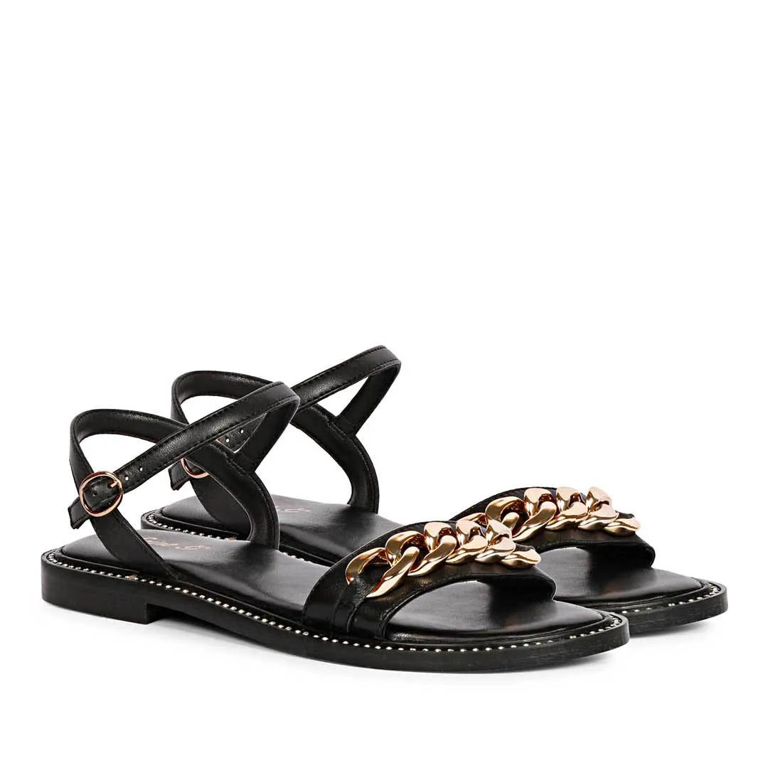 Saint Bellini Gold Chain Decor Black Leather Sandals