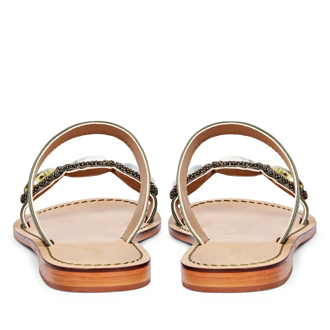 Saint Eva Multi Stone Adorned Olive Leather Flats