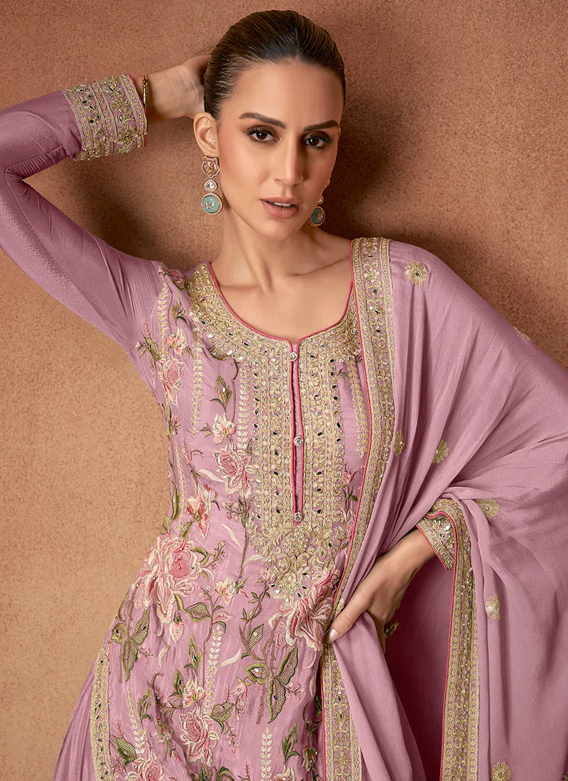 Soft Pink Floral Embroidery Festive Palazzo Suit