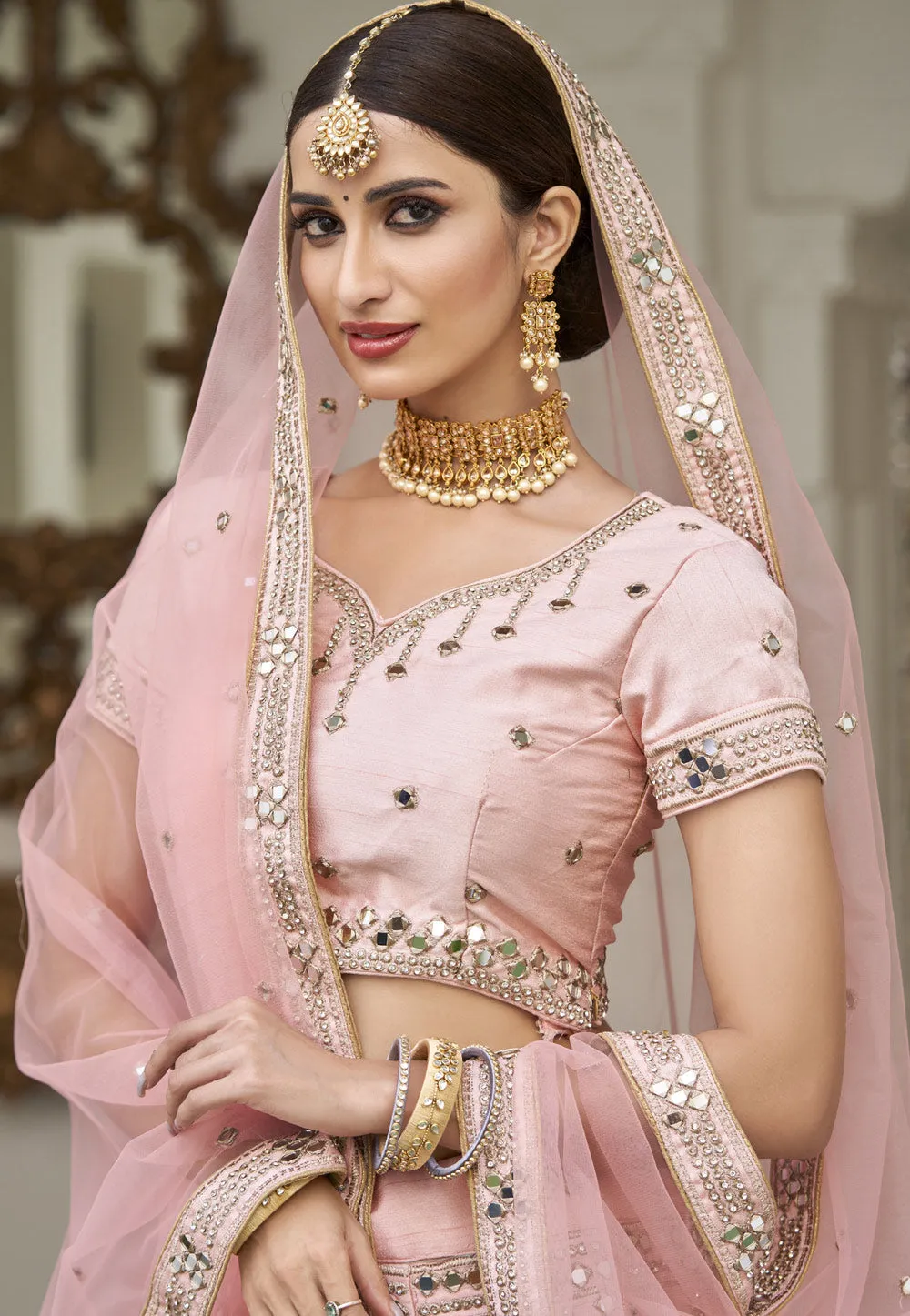 Soft Pink Mirror Work Wedding Lehenga Choli