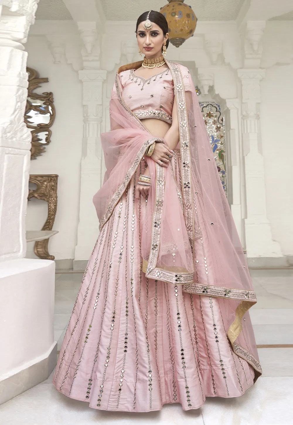 Soft Pink Mirror Work Wedding Lehenga Choli